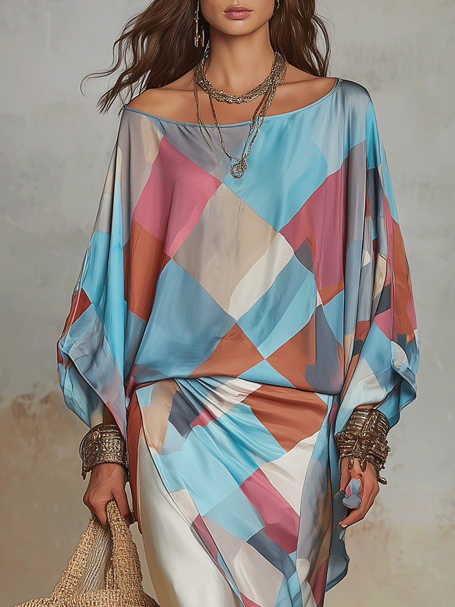 Bohemian Colorblock Sheer Satin Draped Midi Dress