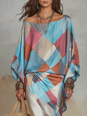 Bohemian Colorblock Sheer Satin Draped Midi Dress