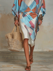 Bohemian Colorblock Sheer Satin Draped Midi Dress