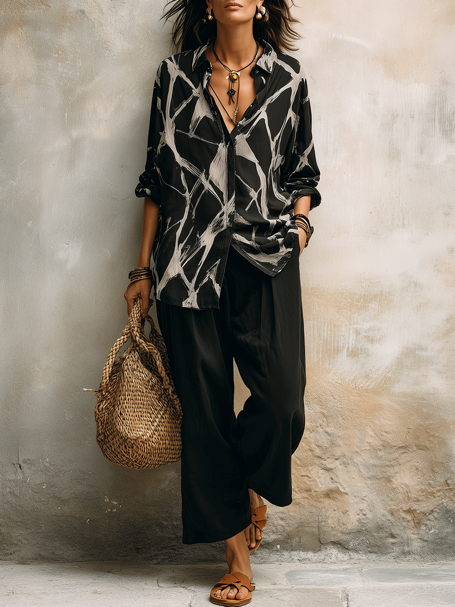 Modern Abstract Pattern Loose Black Top And Wide-Leg Pants Set