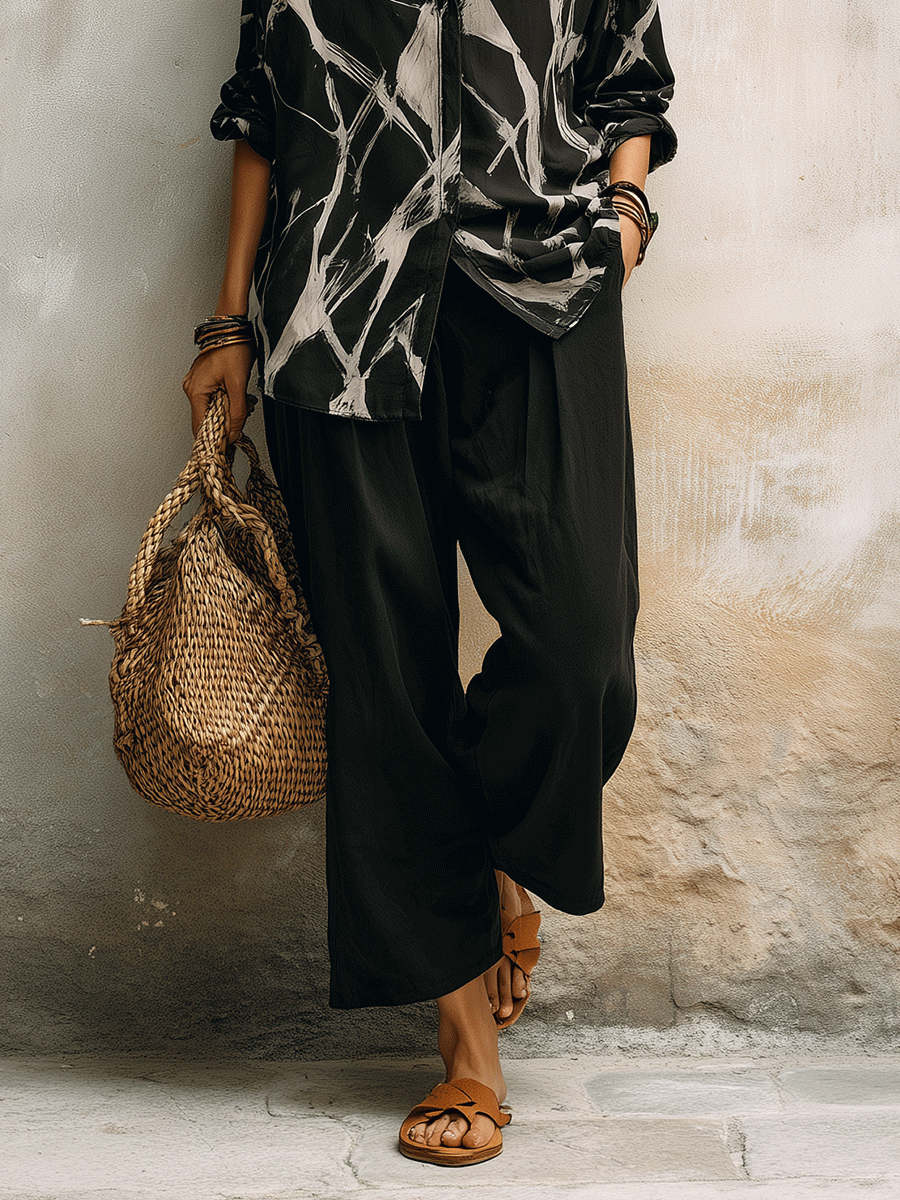 Modern Abstract Pattern Loose Black Top And Wide-Leg Pants Set
