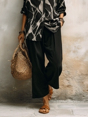Modern Abstract Pattern Loose Black Top And Wide-Leg Pants Set