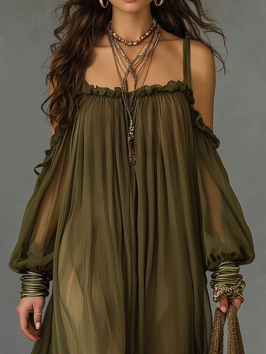 Stylish Olive Off-Shoulder Long Dress