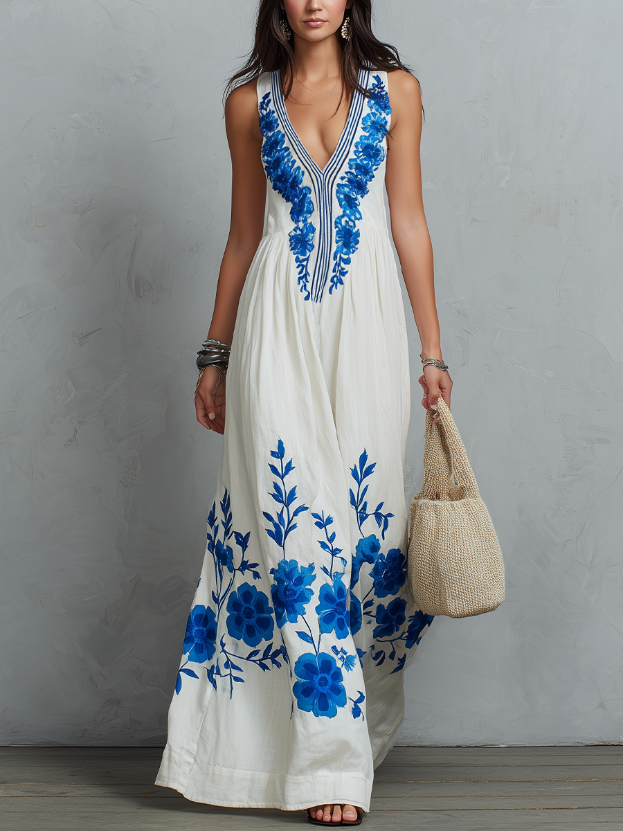 Elegant Blue Floral Print Maxi Dress