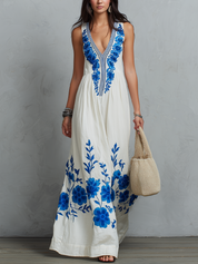 Elegant Blue Floral Print Maxi Dress