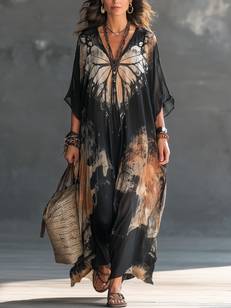 Sophisticated Black Butterfly Print Kaftan Maxi Dress