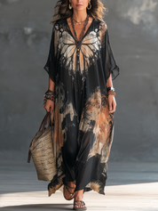 Sophisticated Black Butterfly Print Kaftan Maxi Dress