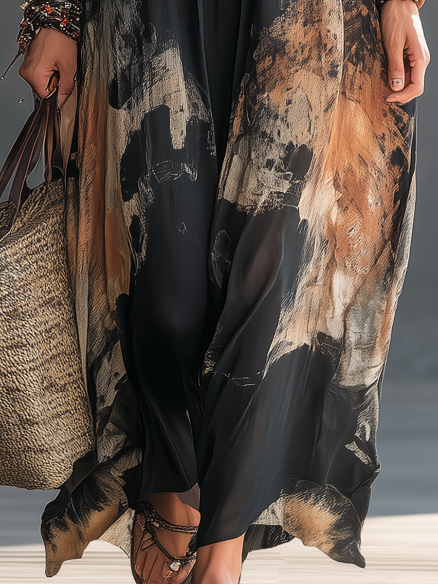 Sophisticated Black Butterfly Print Kaftan Maxi Dress