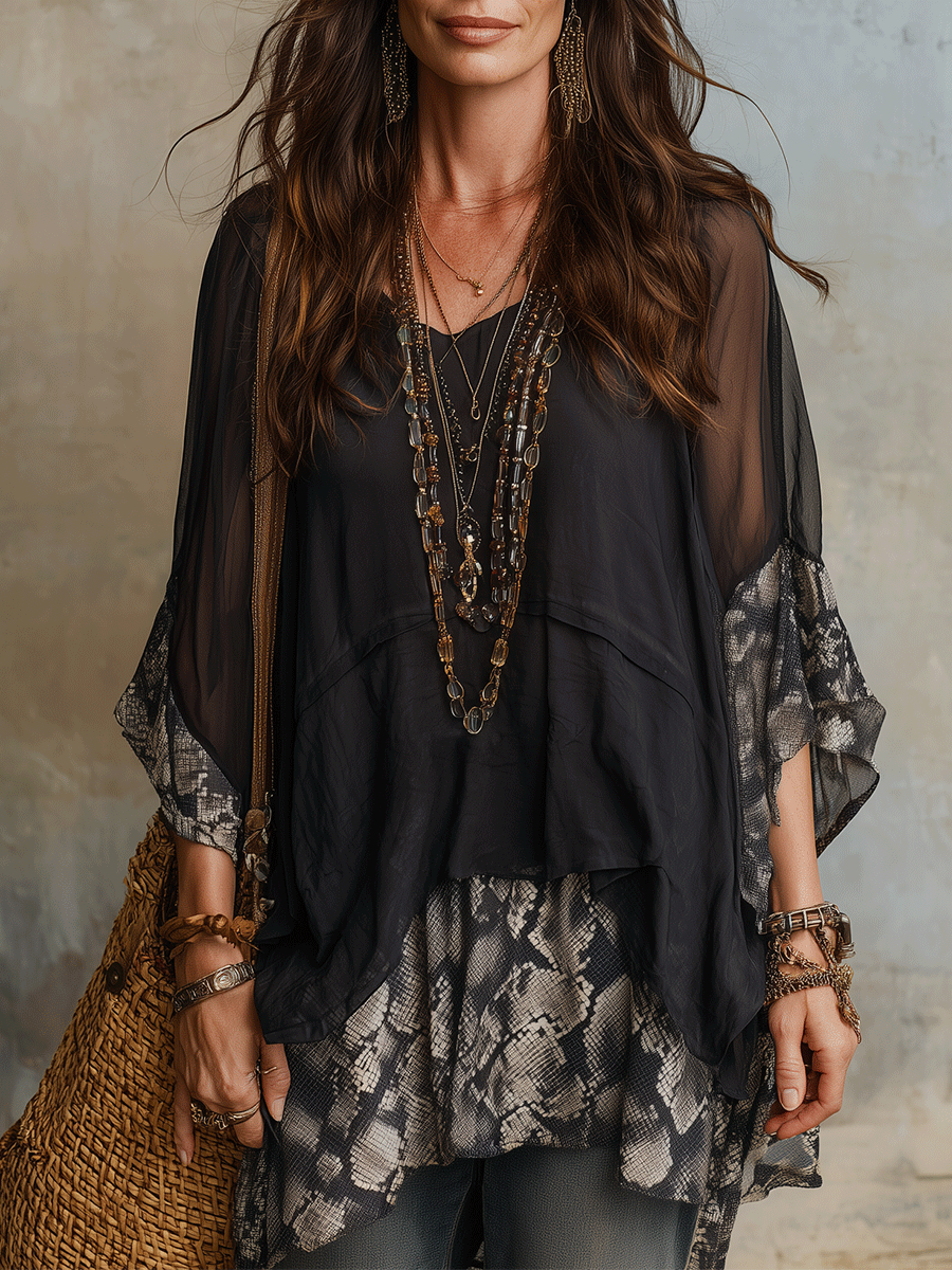 Bohemian Sheer Layered Snake-Print Relaxed  Blouse