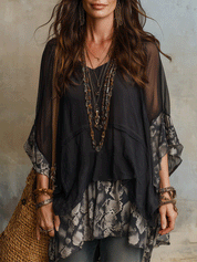 Bohemian Sheer Layered Snake-Print Relaxed  Blouse