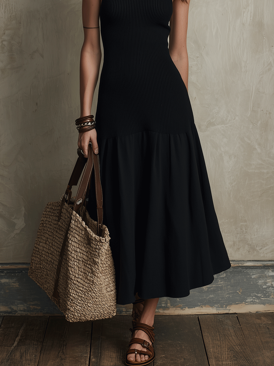 Effortless Minimalist Vacation Black Flare Midi Dress