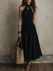 Effortless Minimalist Vacation Black Flare Midi Dress