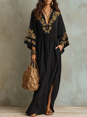 Bohemian Embroidered Waist-Tie Black Maxi Dress