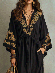 Bohemian Embroidered Waist-Tie Black Maxi Dress