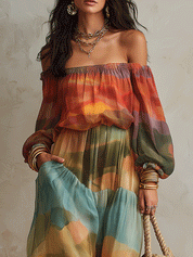 Bohemian Flowing Off-Shoulder Chiffon Sunset Multi-Color Maxi Dress