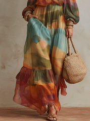 Bohemian Flowing Off-Shoulder Chiffon Sunset Multi-Color Maxi Dress