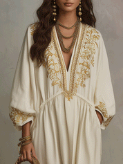 Elegant Gold Embroidered Long Sleeve Ivory Boho Maxi Dress