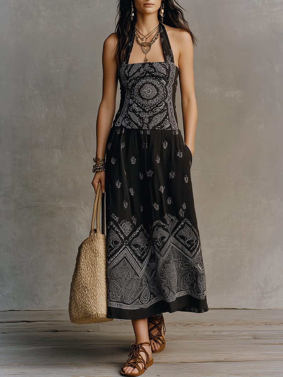 Bohemian Elegance Black Printed Halter Maxi Dress