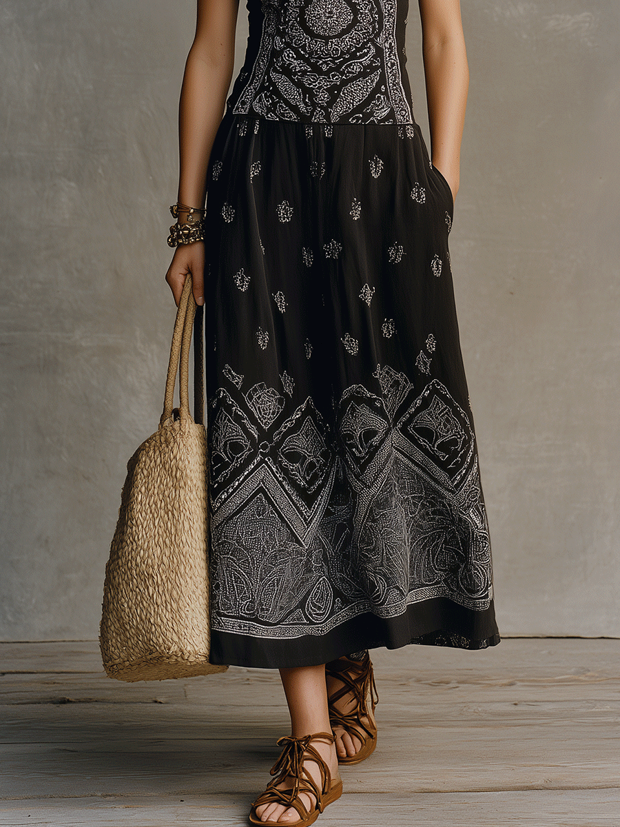 Bohemian Elegance Black Printed Halter Maxi Dress
