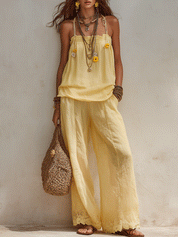 Bohemian Lace Hem Resort Butter Yellow Pant Set