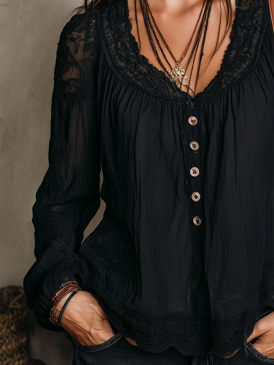 Bohemian Black Lace Bell Sleeve Blouse