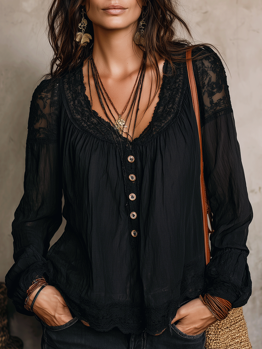 Bohemian Black Lace Bell Sleeve Blouse