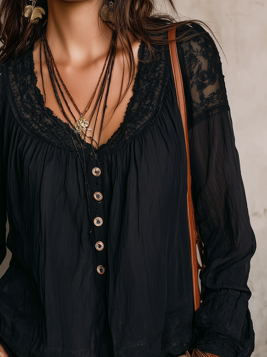 Bohemian Black Lace Bell Sleeve Blouse