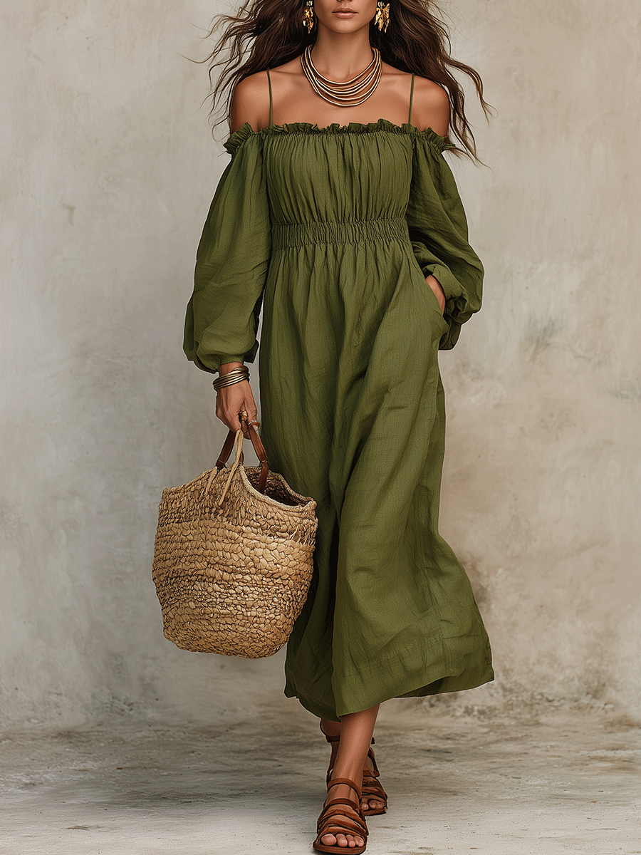 olive green bohemian dress Olive Boho Print Tie Waist Maxi Dress X-Large