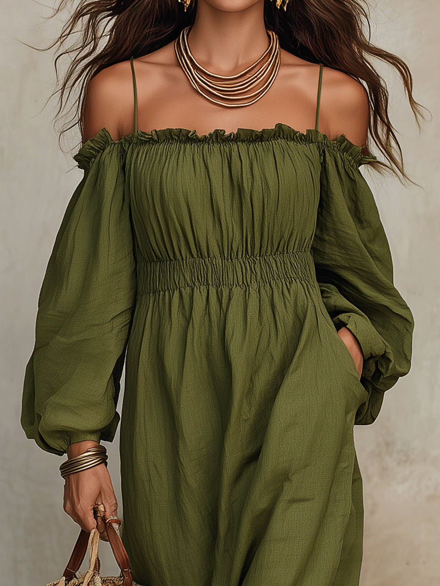 Boho Olive Green Cotton-Linen Off-Shoulder Maxi Dress