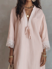 Bohemian Lace-Trimmed Cotton-Linen Midi Dress