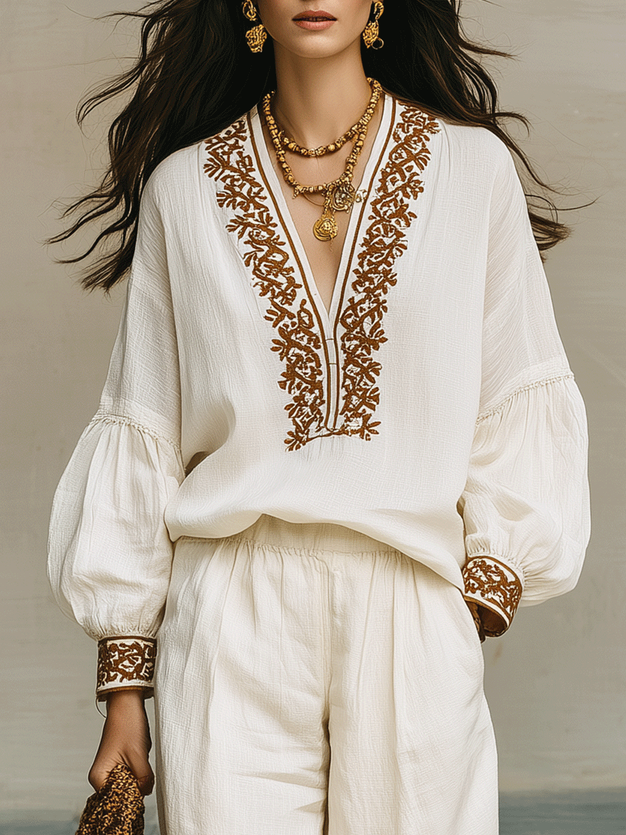 Elegant Vacation Linen Artisan Embroidery Wide-Leg Set