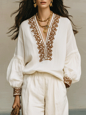Elegant Vacation Linen Artisan Embroidery Wide-Leg Set