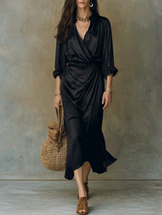 Premium Black V-Neck Satin Midi Dress
