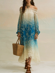 Bohemian Ombre Resort Ocean Blue Lace Maxi Dress