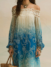 Bohemian Ombre Resort Ocean Blue Lace Maxi Dress