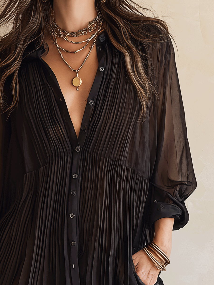 Bohemian Pleated Resort Midnight Black Chiffon Blouse