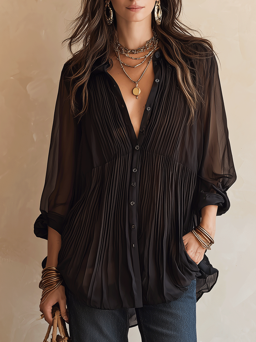 Bohemian Pleated Resort Midnight Black Chiffon Blouse