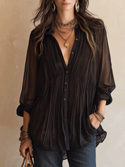 Bohemian Pleated Resort Midnight Black Chiffon Blouse