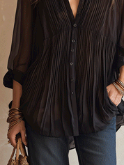 Bohemian Pleated Resort Midnight Black Chiffon Blouse