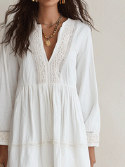 Effortless White Crochet Detailed V-Neck Mini Dress