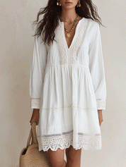 Effortless White Crochet Detailed V-Neck Mini Dress