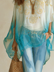 Effortless Coastal Breeze Turquoise Ombre Sheer Blouse