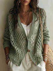 Elegant Vacation Sage Lace Knit Button-Front Cardigan
