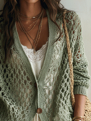 Elegant Vacation Sage Lace Knit Button-Front Cardigan