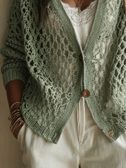 Elegant Vacation Sage Lace Knit Button-Front Cardigan