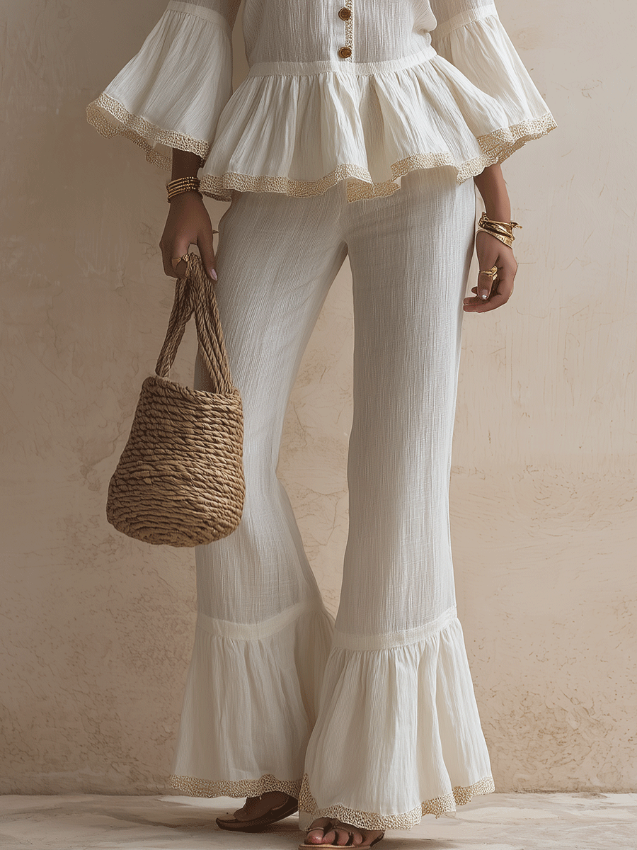 Bohemian Ruffle Hem Resort Cotton-linen Ivory White Pant Set
