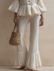 Bohemian Ruffle Hem Resort Cotton-linen Ivory White Pant Set