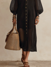 Bohemian Sheer Black Mesh Button-Front Midi Shirt Dress