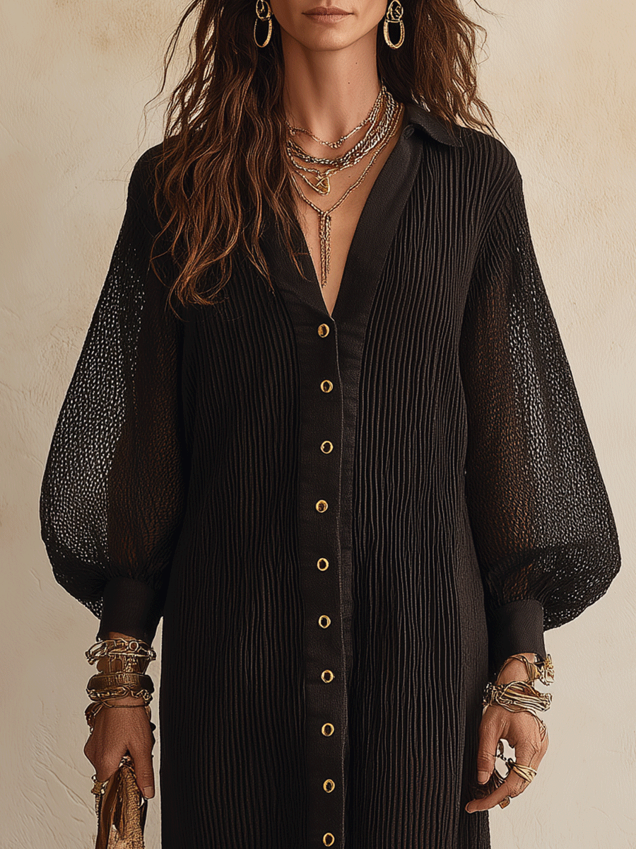 Bohemian Sheer Black Mesh Button-Front Midi Shirt Dress