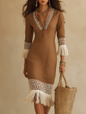 Elegant Vacation Tassel Hem Mocha Bodycon Midi Dress